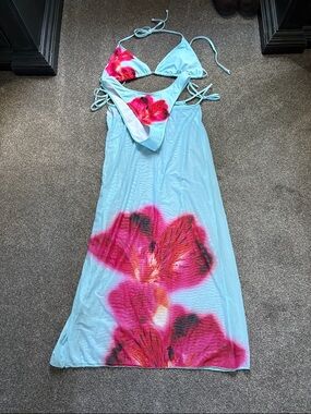 Aqua Maxi Dress with Pink Floral Print and Bikini Top